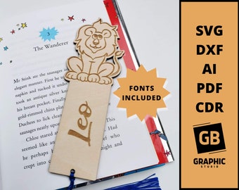 Personalised bookmark dxf svg, bookmark kids, book mark animal, bookmark laser file cut, bookmark lion, bookmark name dxf svg, bookmark sxg