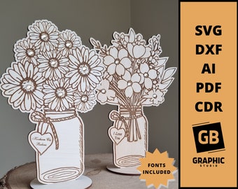 Wooden jar with flowers standing pot svg dxf pdf.