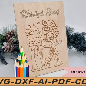 Cartão de madeira para colorir de Natal para crianças SVG DXF, cartão festivo, cartão de Natal, cartões festivos com desejos, cartões festivos