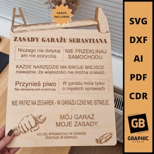 May include: A wooden sign with the text "Zasady Garażu Sebastiana" (Rules of Sebastian's Garage) and a list of rules for a garage, including "Nie przeklinaj samochodu" (Don't curse the car), "Przynieś piwo" (Bring beer), and "Mój garaż, moje zasady" (My garage, my rules).