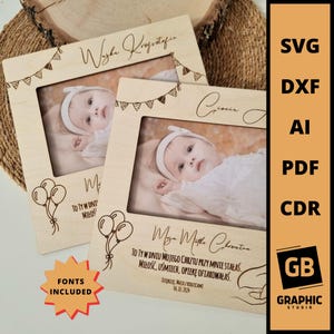 May include: Two wooden photo frames with engraved text and a baby's photo. One frame has balloons and the text "TO TY W DNI MIŁOS". The other frame has the text "Maya Mopha Chrastra" and "TO TY W DNIU MOJEGO CHRZTU PRZY MNIE STAŁAŚ. MIŁOŚĆ, UŚMIECH, OPIEKĘ OFIAROWAŁAŚ."