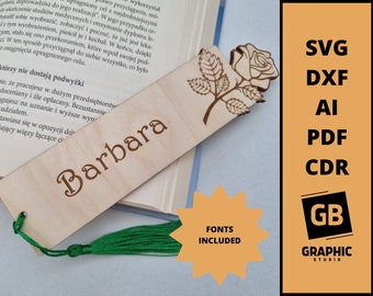 Personalized Rose Bookmark SVG DXF | Floral Wooden Bookmark Laser Cut File
