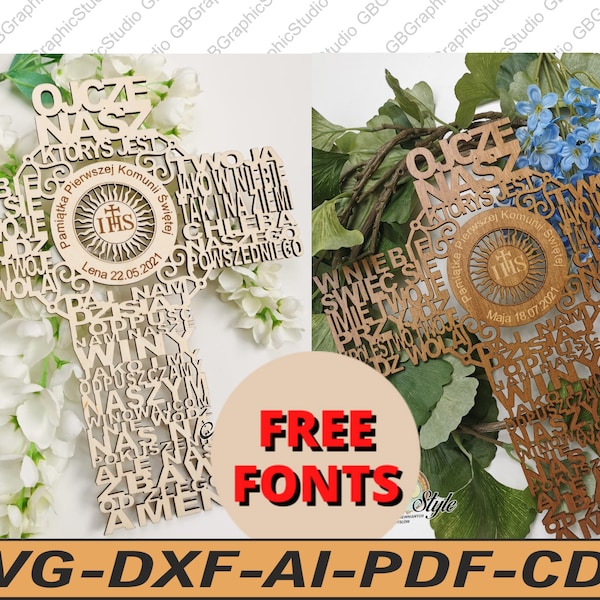 Eerste heilige communie rozenkrans houten gebed kruis gedenkteken SVG DXF