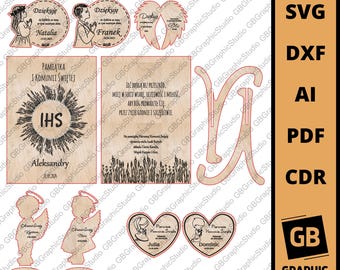 May include: A digital download of a mega bundle of SVG, DXF, AI, PDF, and CDR files for a first communion themed craft project. The bundle includes designs for a variety of items, such as a plaque with the words "Pamiatka I Komunii Swietej" and "IHS", a heart-shaped plaque with the words "Pierwsza Komunia Swieta", and a plaque with the words "To droga bez przeszkód, miej w sercu wiare, uczciwość i miłość, aby Bóg prowadził cię przez życie goronce i szczęśliwie".
