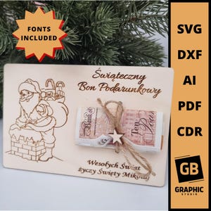 Weihnachten Nikolaus auf dem Dach Geschenk Geld Bargeld Gutschein dxf svg. Lasercut-Dateien.