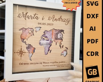 Personalized wedding world map money gift frame svg dxf | Laser Cut Files