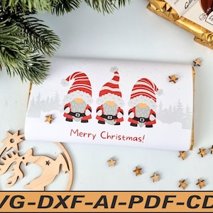 Etykieta opakowania na czekoladę Gnome Christmas svg, Szablon opakowania na czekoladę Gnome svg, Wydrukowalna tabliczka czekolady