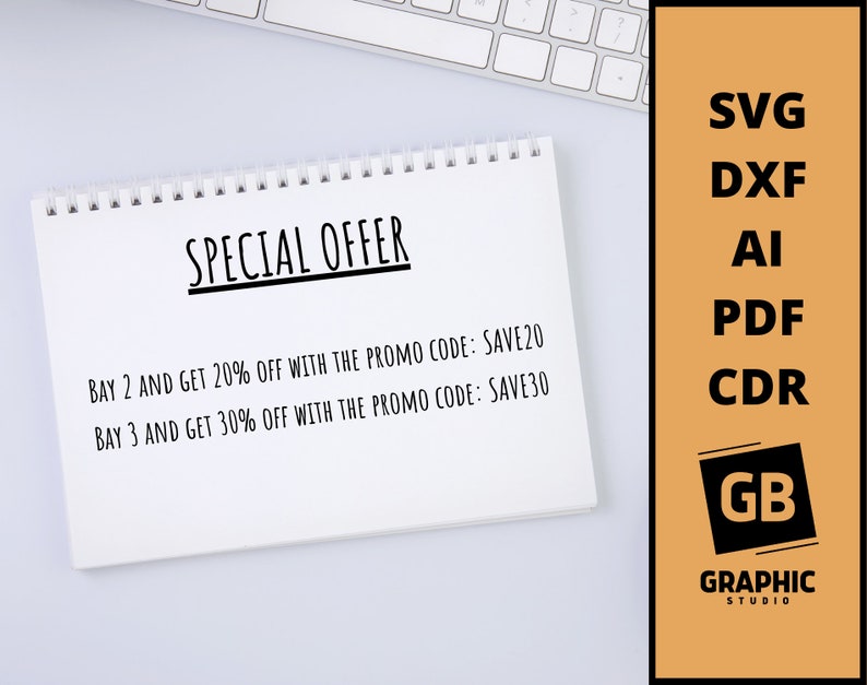 May include: A white notepad with a black border around the text "SPECIAL OFFER". The text below reads "BAY 2 AND GET 20% OFF WITH THE PROMO CODE: SAVE20" and "BAY 3 AND GET 30% OFF WITH THE PROMO CODE: SAVE30".