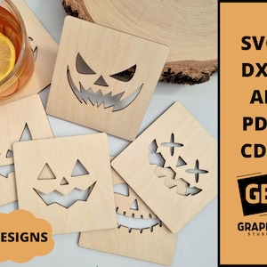 Halloween pumpkin face coasters set svg dxf pdf.
