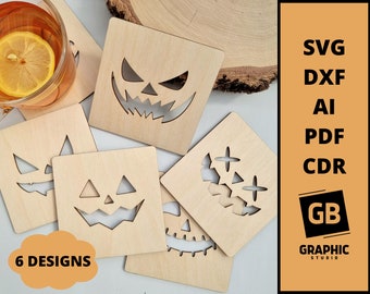 Halloween pumpkin face coasters set svg dxf pdf.