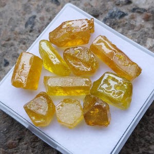 Può includere: Una collezione di dieci pietre preziose gialle grezze e non lucidate di varie forme e dimensioni. Queste pietre traslucide presentano una vibrante tonalità giallo oro, con sfaccettature naturali, bordi irregolari e una superficie lucida e riflettente.