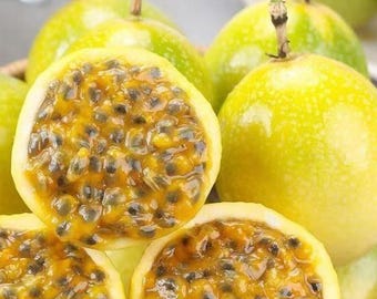 Puede incluir: Primer plano de varias maracuyás, algunas enteras y otras cortadas. Las frutas son de un color amarillo verdoso vibrante con una piel texturizada. El interior de las frutas cortadas revela una pulpa jugosa y amarilla llena de numerosas semillas oscuras. La imagen destaca la apariencia única de la fruta tropical.
