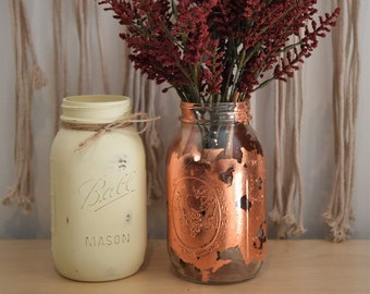 Rose Gold Colored Foil Paper Mason Jar Vase, Rose Gold Glass Vase, Wedding Decor, Table Centerpiece, Kitchen Decor, Living Room, Home Decor