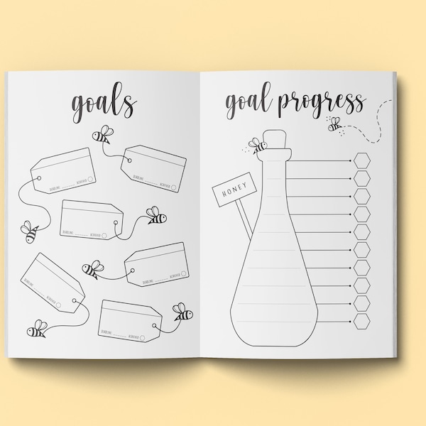 Blank Bumble Bee Goal Planner Sheets | Printable Pages | Bullet Journal | Instant Digital Download | Honeybee Theme BW