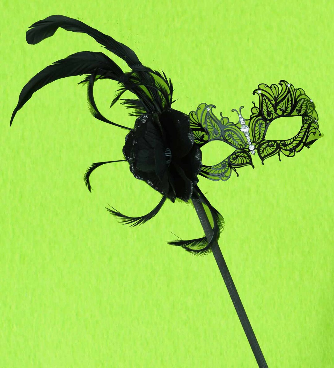 Black Laser Cut Metal Eye Mask With Handle Masquerade Prom Mask With