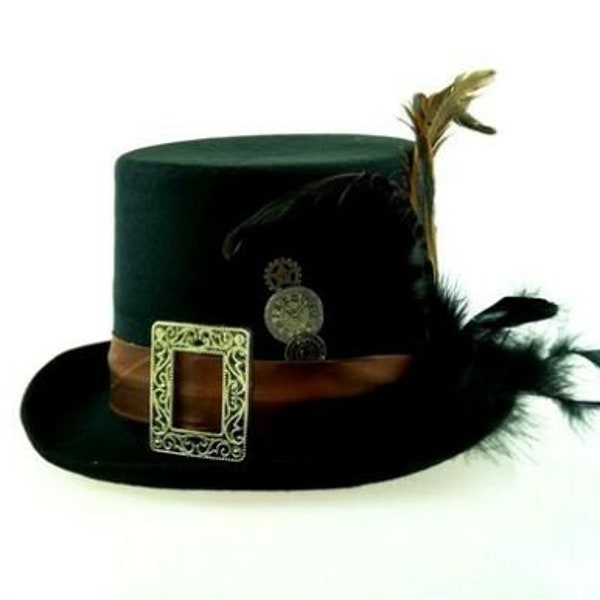 Steampunk Pilgrim Top Hat with Feathers and Gears Halloween Steampunk Costume Top Hat