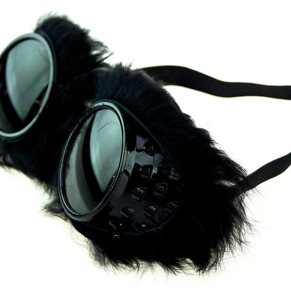 Black Fur Trim Steampunk Goggles Cyber Punk Rave Goggles Faux Fur Goggles