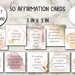 Puede incluir: Cincuenta tarjetas de afirmación con fondos de acuarela y detalles dorados. Cada tarjeta presenta una afirmación positiva en texto negro. Las tarjetas miden 7,6 cm por 7,6 cm.