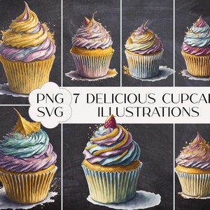 Iced Cupcake Illustrations: 7 PNG SVG Clip Art (Digital Download)