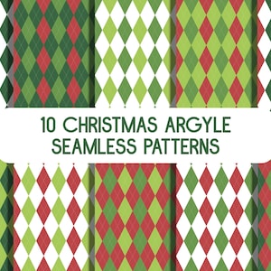 Könnte beinhalten: Zehn nahtlose Weihnachts-Argyle-Muster in Rot, Grün und Weiß. Die Muster bestehen aus Rauten.