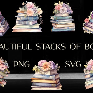 Digital Download Book Stacks Illustrations Floral Accents PNG SVG Clip Art Commercial Use