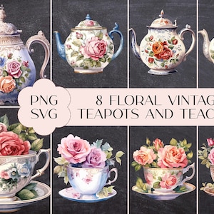 Blommig tekanna och tekopp Clipart: Vintageillustrationer (PNG, SVG, digital nedladdning)
