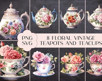 Floral Teapot & Teacup Clipart: Vintage Illustrations (PNG, SVG, Digital Download)