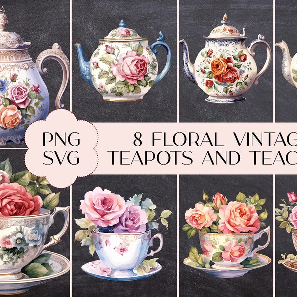 Digital Download Floral Vintage Teapots and Teacups Illustrations Floral Accents PNG SVG Clip Art Commercial Use Instant Download