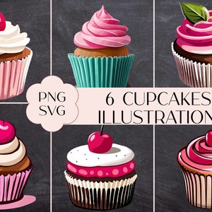 Digital Download 6 Cartoon cupcakes with icing in pink and white PNG SVG Clip Art Commercial Use Instant Download