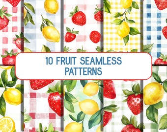 May include: A collection of ten fruit seamless patterns featuring watercolor illustrations of strawberries and lemons. The patterns include gingham and other checkered backgrounds. The text "10 FRUIT SEAMLESS PATTERNS" is displayed in a white rectangle.