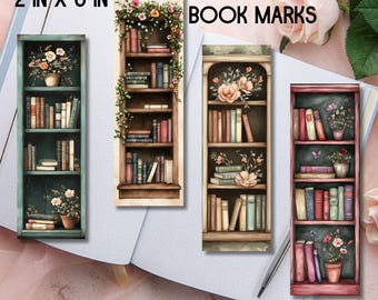 Floral Bookshelf Bookmarks: Bookish Gift, Set of 4 (Digital Download)