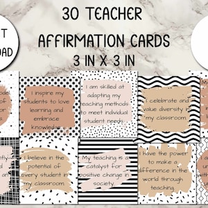 30 Lehrer Affirmation Karten 3 Inch quadratische Printable Sofortiger Download Schwarzweiß und Erdige Neutrale