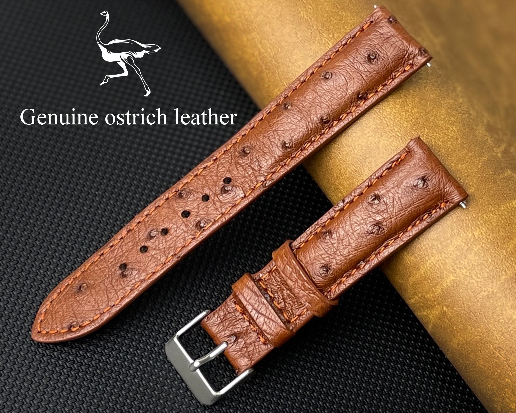 Ostrich Grain 20mm Blue Leather Watch Strap