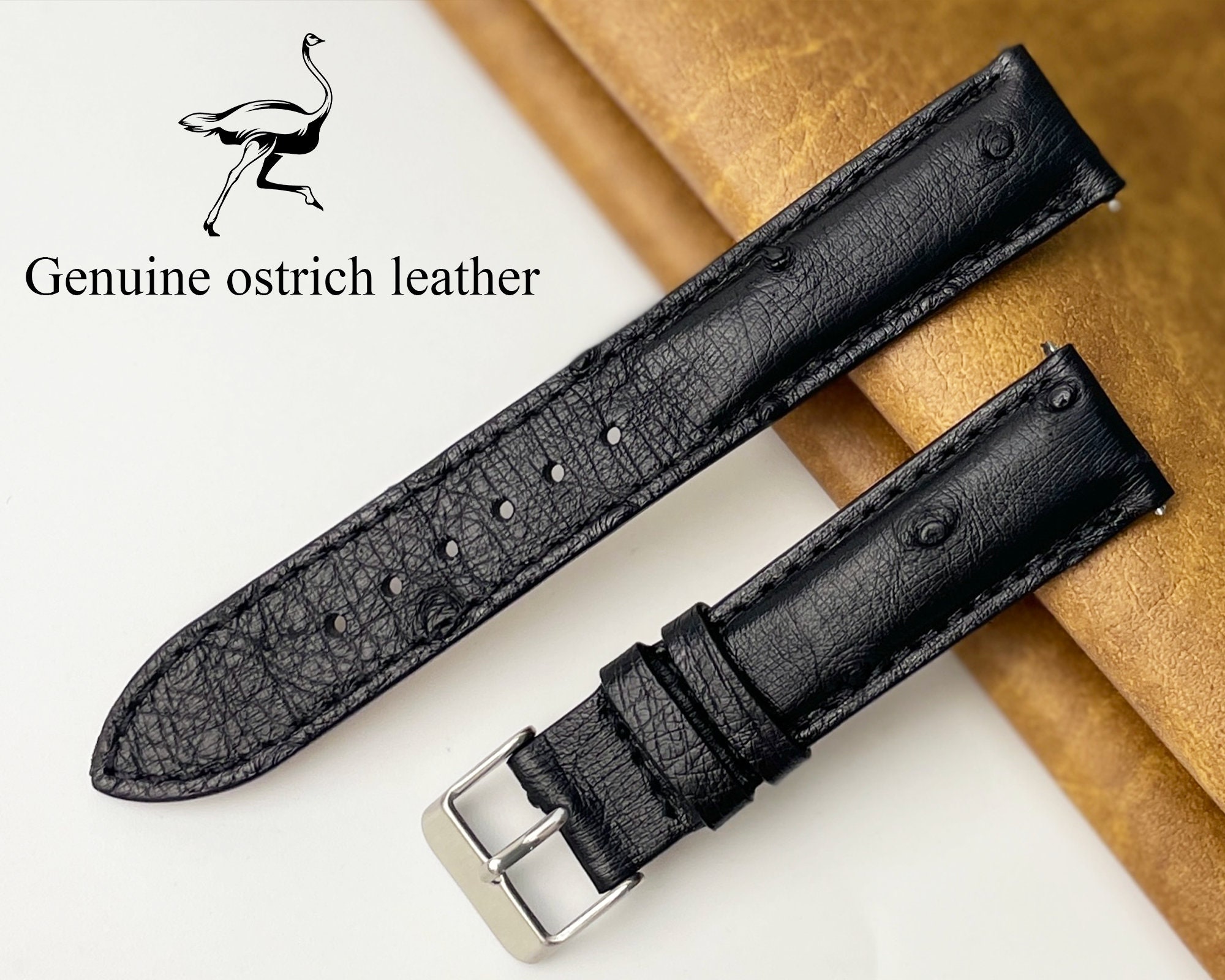 Custom Black Ostrich Leather Watch Band 18mm 19mm 20mm 21mm 