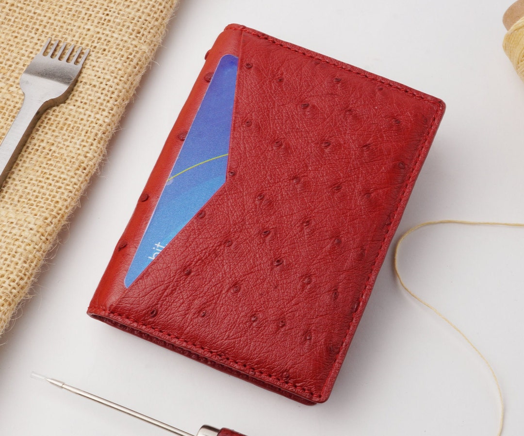 Red Ostrich Leather Credit Card Holder, Mini Wallet, Slim Unisex Card