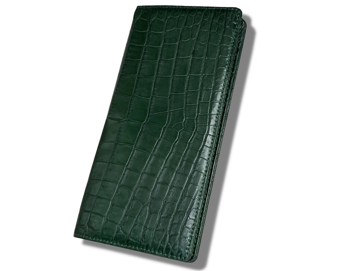 Green Leather Long Wallet Men, Slim Leather Bifold Wallet