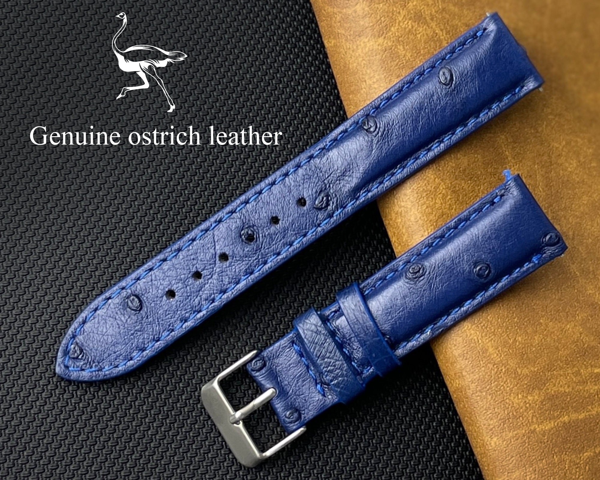 20mm/16mm Dark Navy Blue Genuine Ostrich Skin Leather Watch Strap#WT4071 -  Ziczac Leather Workshop