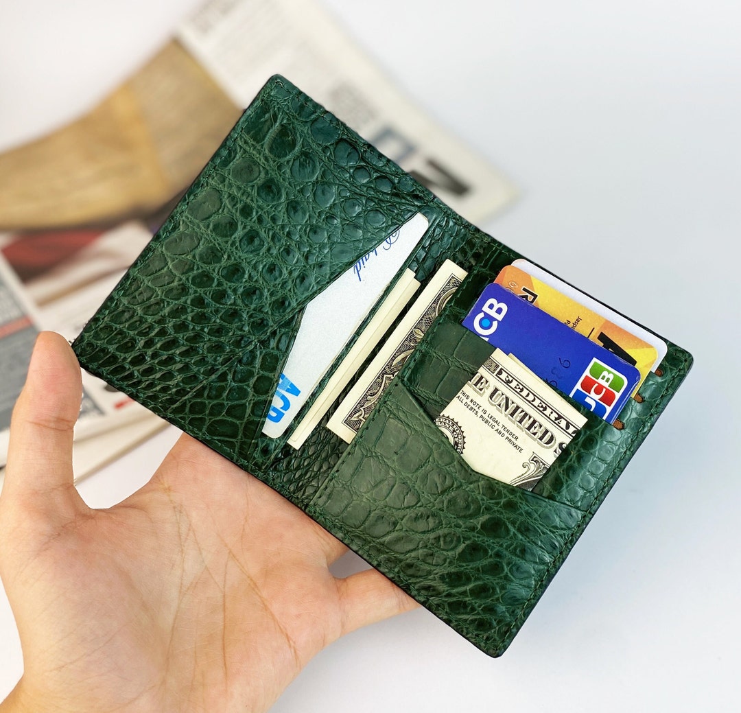 Green Leather Card Holder Wallet, Bifold Credit Card Holder, Handmade
