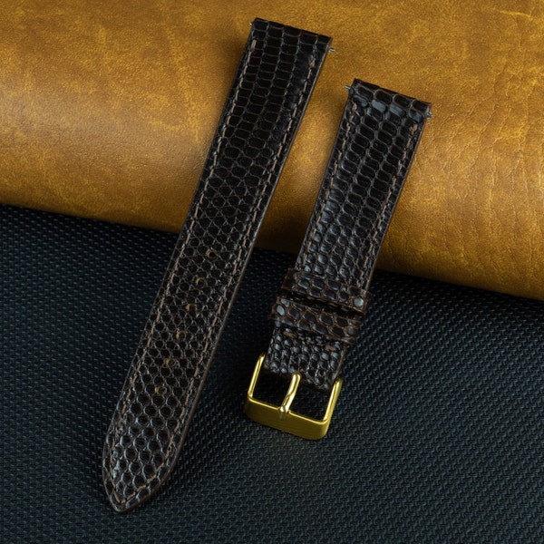 Flat Brown Lizard Leather Watch Strap For Men 18mm 19mm 20mm 21mm 22mm, Handmade Watch Band Quick Release, Slim Watch Strap, Gift For Him