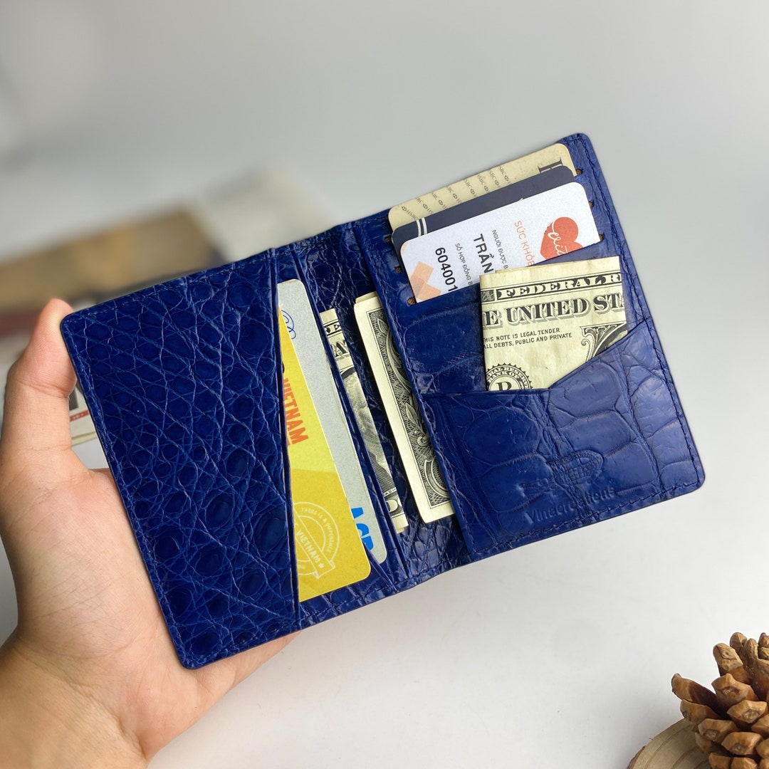 Navy Blue Leather Bifold Credit Card Holder Wallet, Handmade Mini