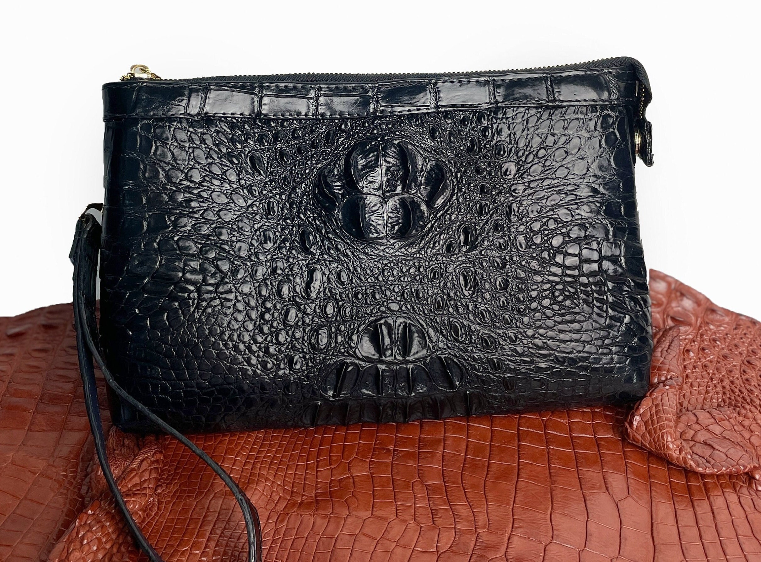 BLACK Handmade Genuine Alligator, Crocodile Leather Clutch Bag/ Hand Bag  For Men