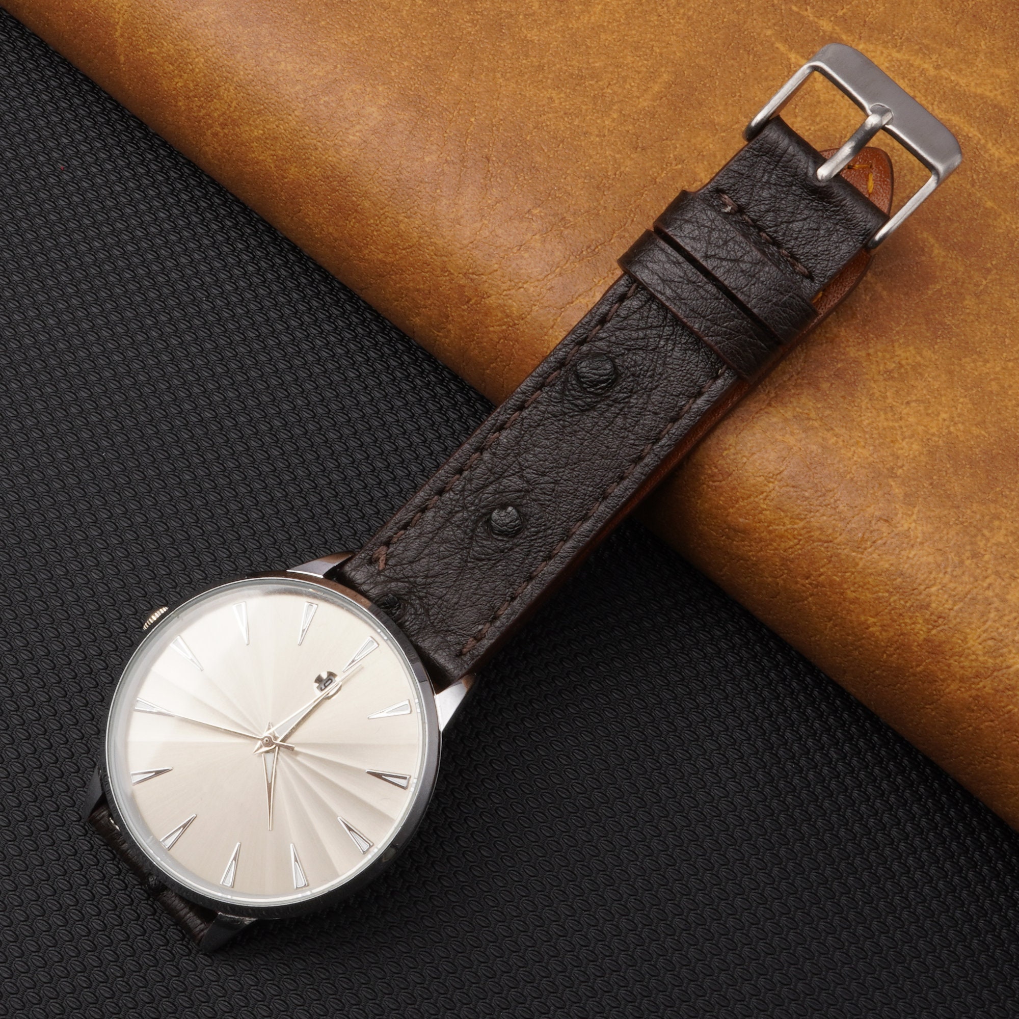 Custom tan brown ostrich belly skin leather strap for Cartier Tank HDCAS07