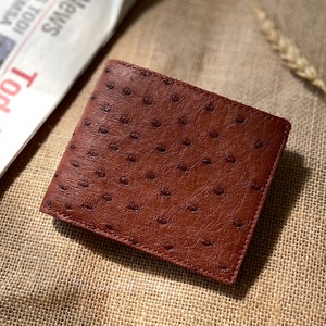 Brown Ostrich Leather Bifold Wallet, Double Sided Ostrich Wallet Men, Handmade Exotic Leather Wallet