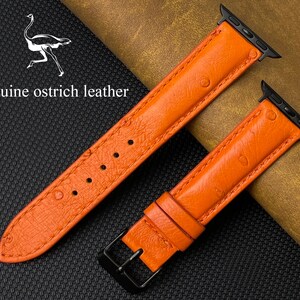 Orange Leather Apple Watch Band 38mm/41mm 42mm/45mm Ultra 49 mm & Iwatch Case Included For Series 3 4 5 6 7 8, Genuine Ostrich Leather Strap