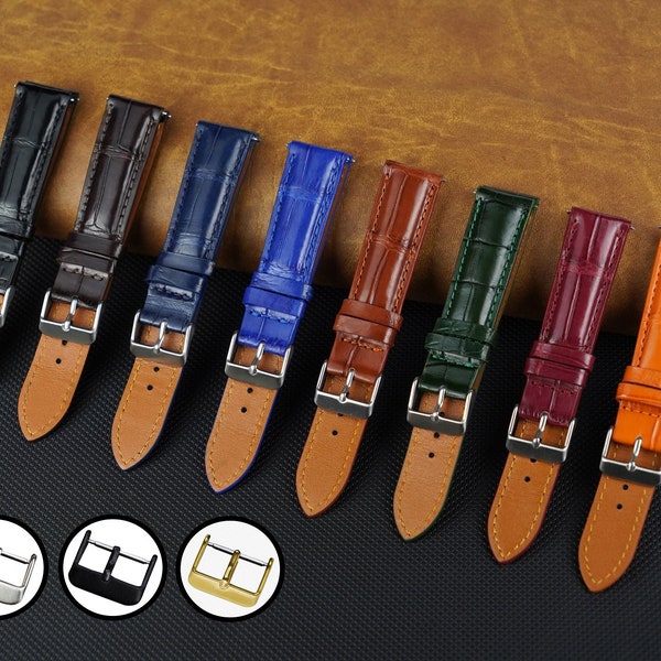 Leather Watch Strap For Men 18mm 20mm 22mm, Silver/Gold/Black Buckle, Flat Or Padding Leather Wristband, Gift For Men