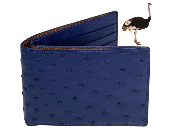 Double Sided Genuine Navy Blue Ostrich Leather Wallet Mens 