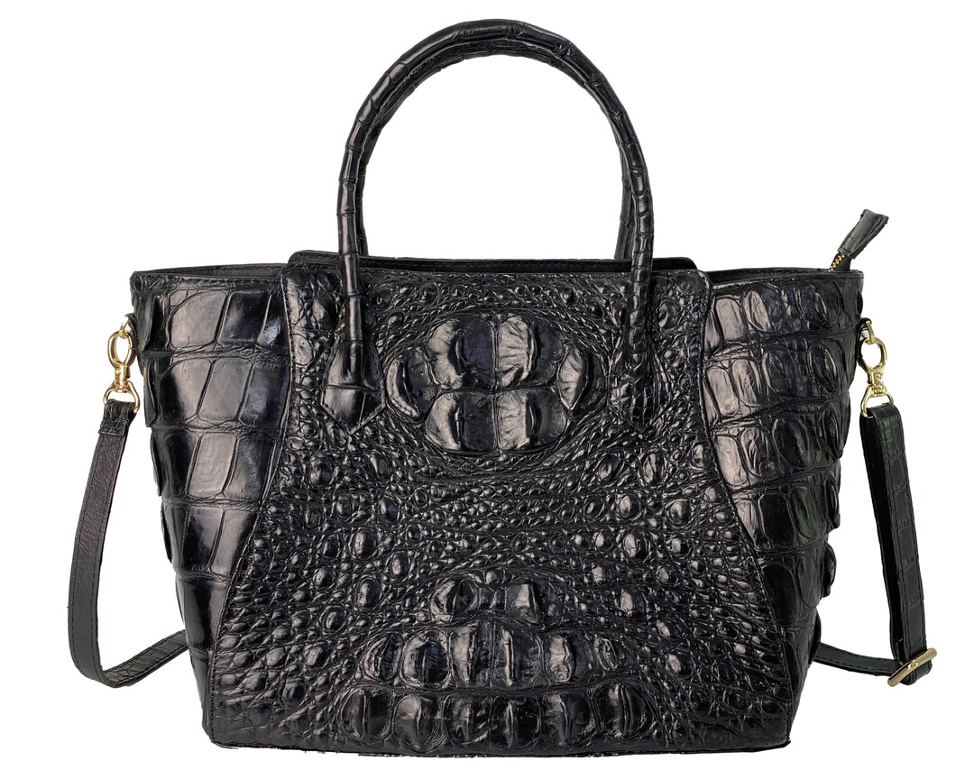 Aiiigator Leather Black Top Handle Handbag Tote Bag for Work Travel