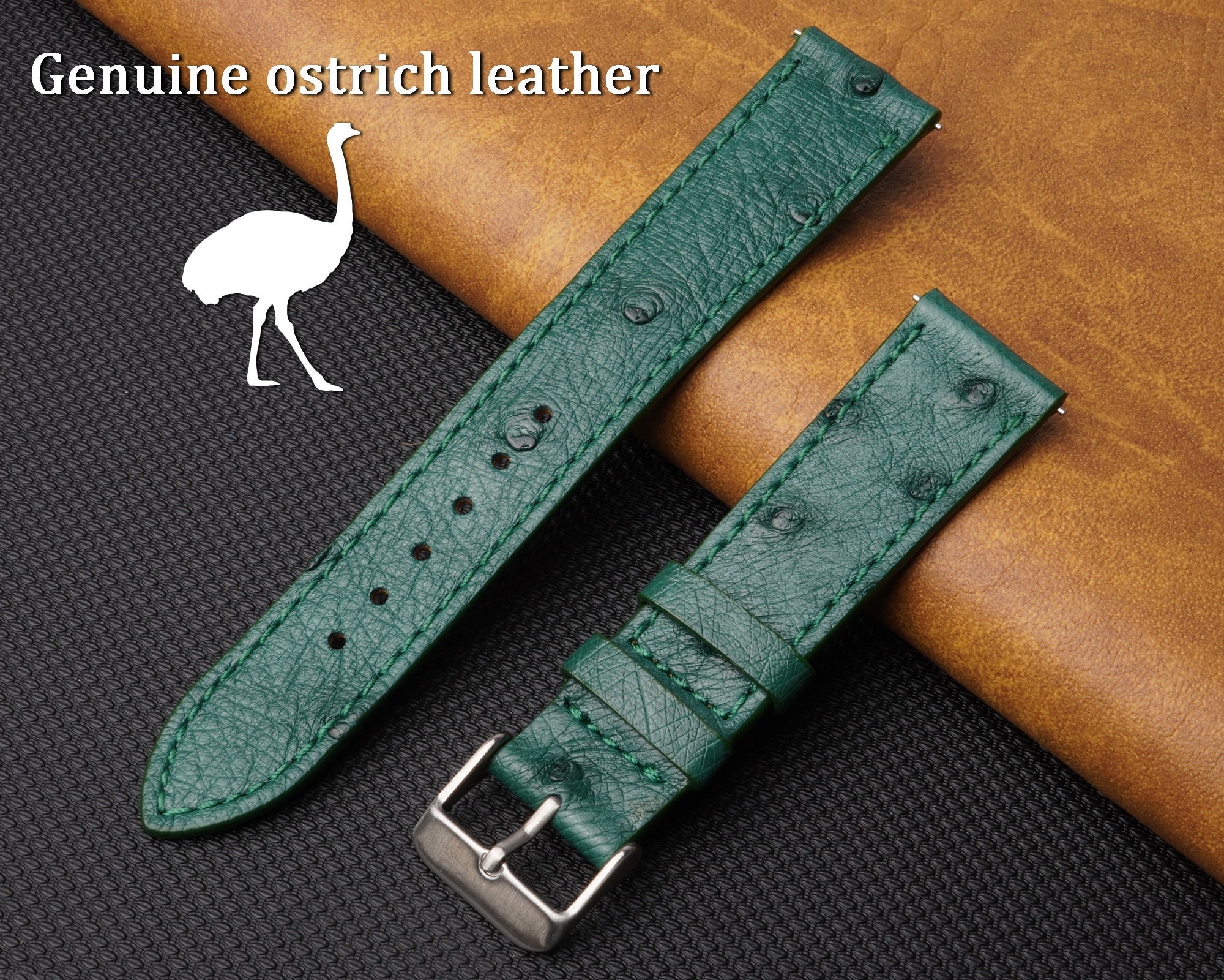 HATACreations Custom Green Ostrich Leather Watch Band 18mm 19mm 20mm 21mm 22mm 24mm, Bespoke No Padding Watch Strap for Women & Men