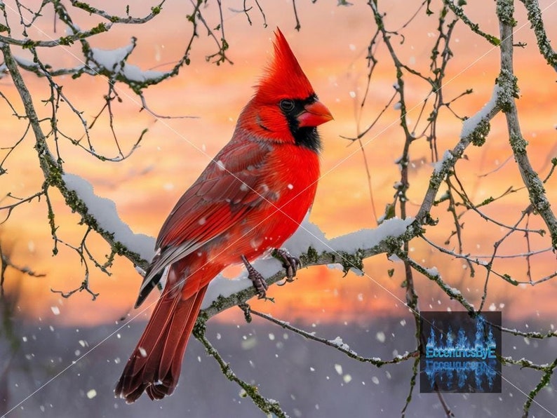 Winter Cardinal at Sunset, Printable, Sublimation, Greeting Cards and ...