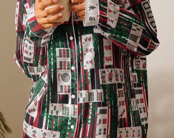 Mahjong Tiles Long Sleeve Pajama Top, Cruise Wear Luxury Button Down Lounge